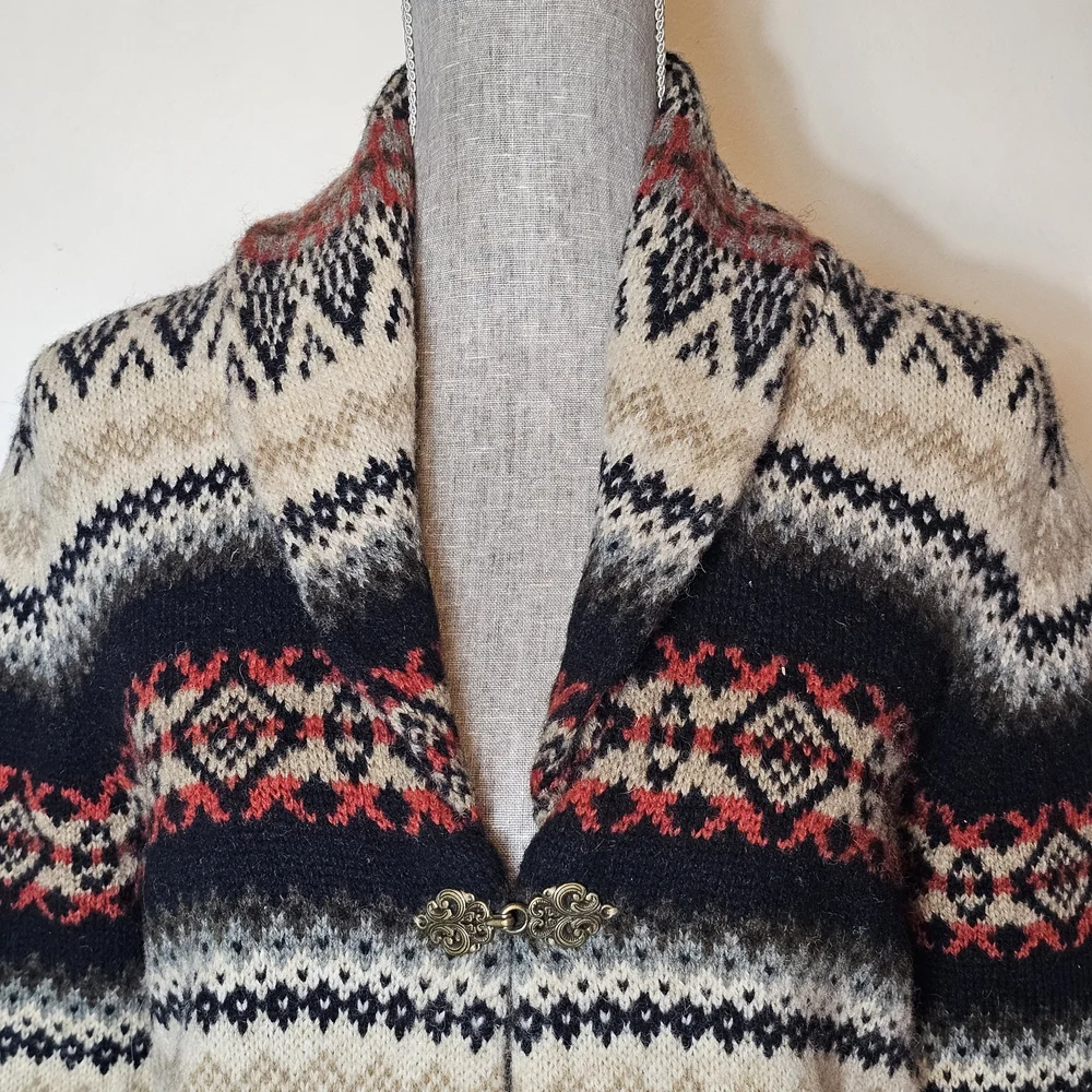 Y2K 100% Wool Cardigan Sweater - Women's Size M - Vintage Aztec Fair Isle Nordic